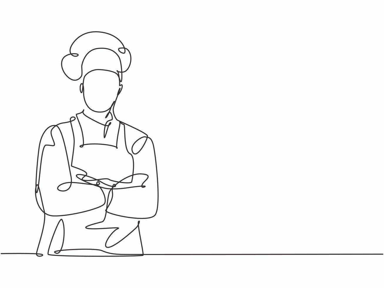 enkele doorlopende lijntekening van jonge zelfverzekerde knappe mannelijke chef-kok in uniform pose staande en kruisende arm in borst. resto banner model concept een lijntekening ontwerp vector grafische illustratie