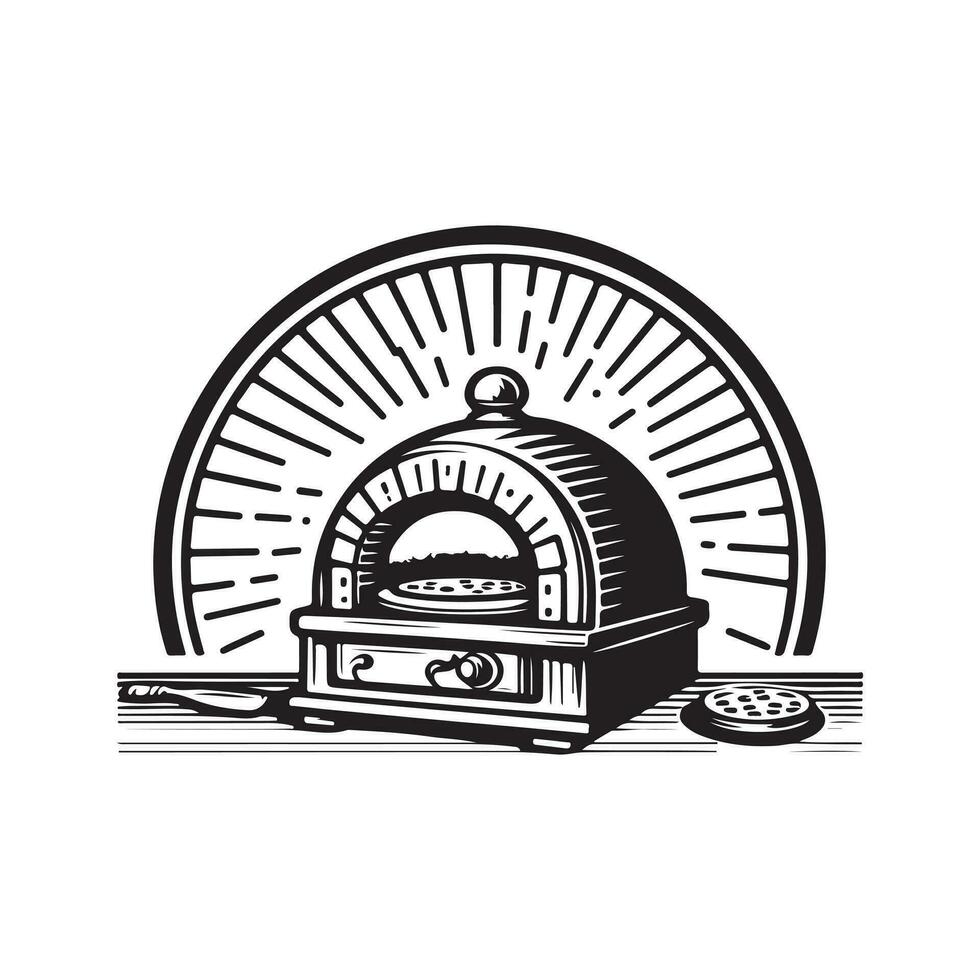 wijnoogst hand- getrokken illustratie logo van traditioneel steen pizza oven vector