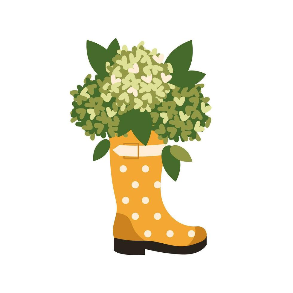 een geel rubber bagageruimte met een boeket van bloemen. hortensia bloei in zomer en de lente. vector, vlak, tekenfilm illustratie vector