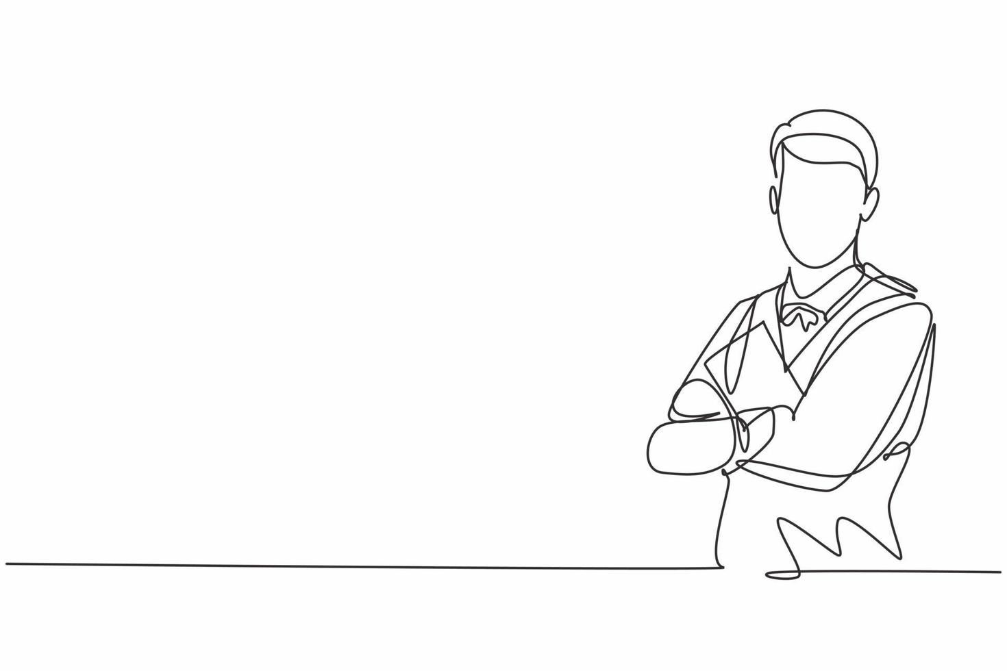 enkele doorlopende lijntekening van een jonge mannelijke ober met een kruisarm op de borst terwijl hij het resto-menu vasthoudt. professioneel werk baan beroep. minimalisme concept een lijn tekenen grafisch ontwerp vectorillustratie vector