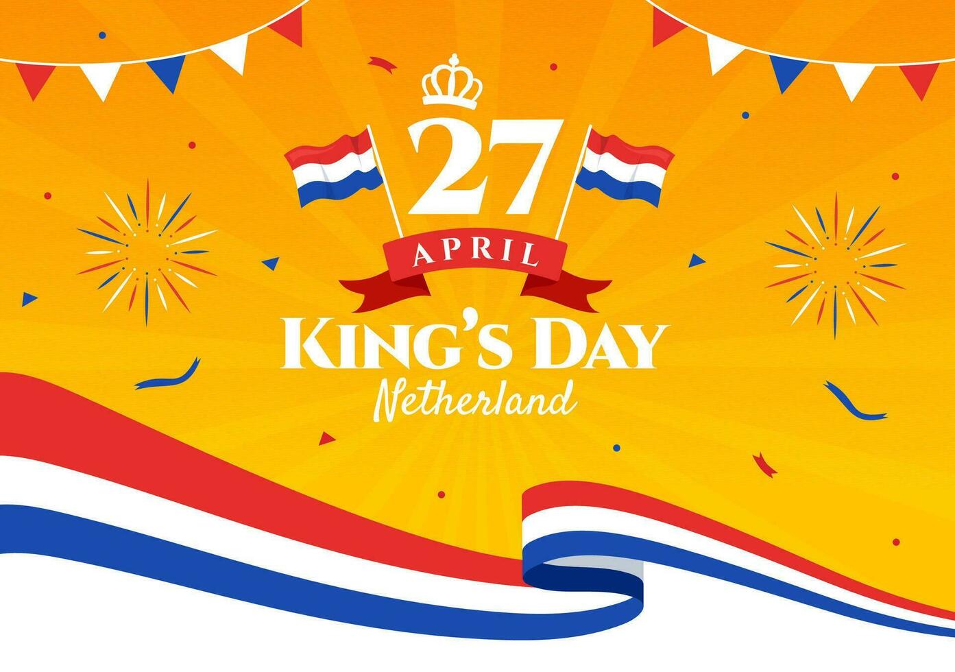 gelukkig koningen Nederland dag vector illustratie Aan 27 april met golvend vlaggen en lint in koning viering vlak tekenfilm achtergrond ontwerp