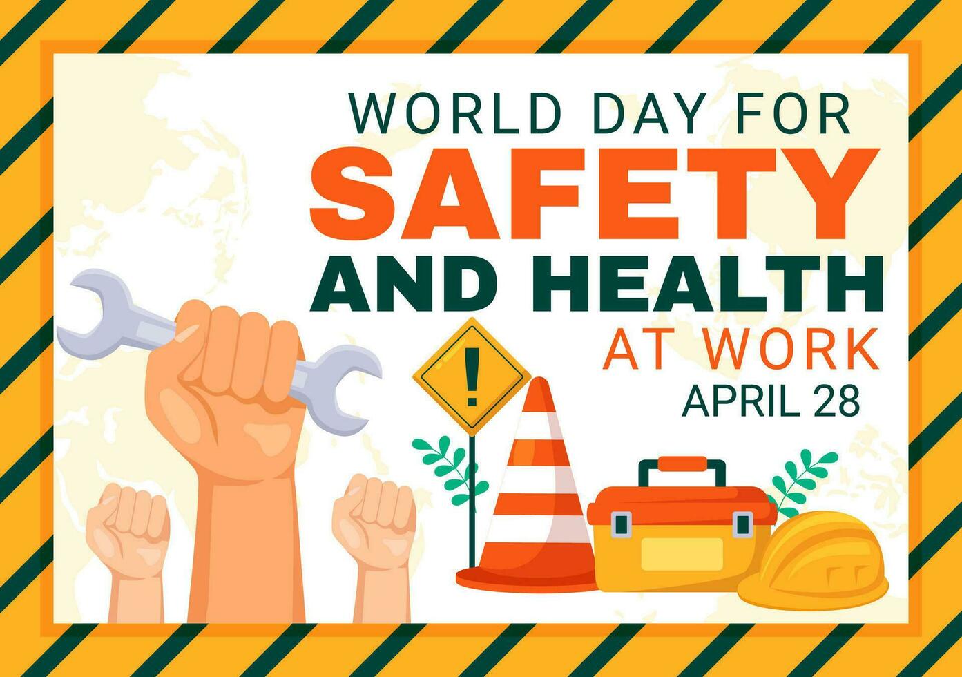wereld dag voor veiligheid en Gezondheid Bij werk vector illustratie Aan april 28 met monteur gereedschap en bouw helm in vlak tekenfilm achtergrond
