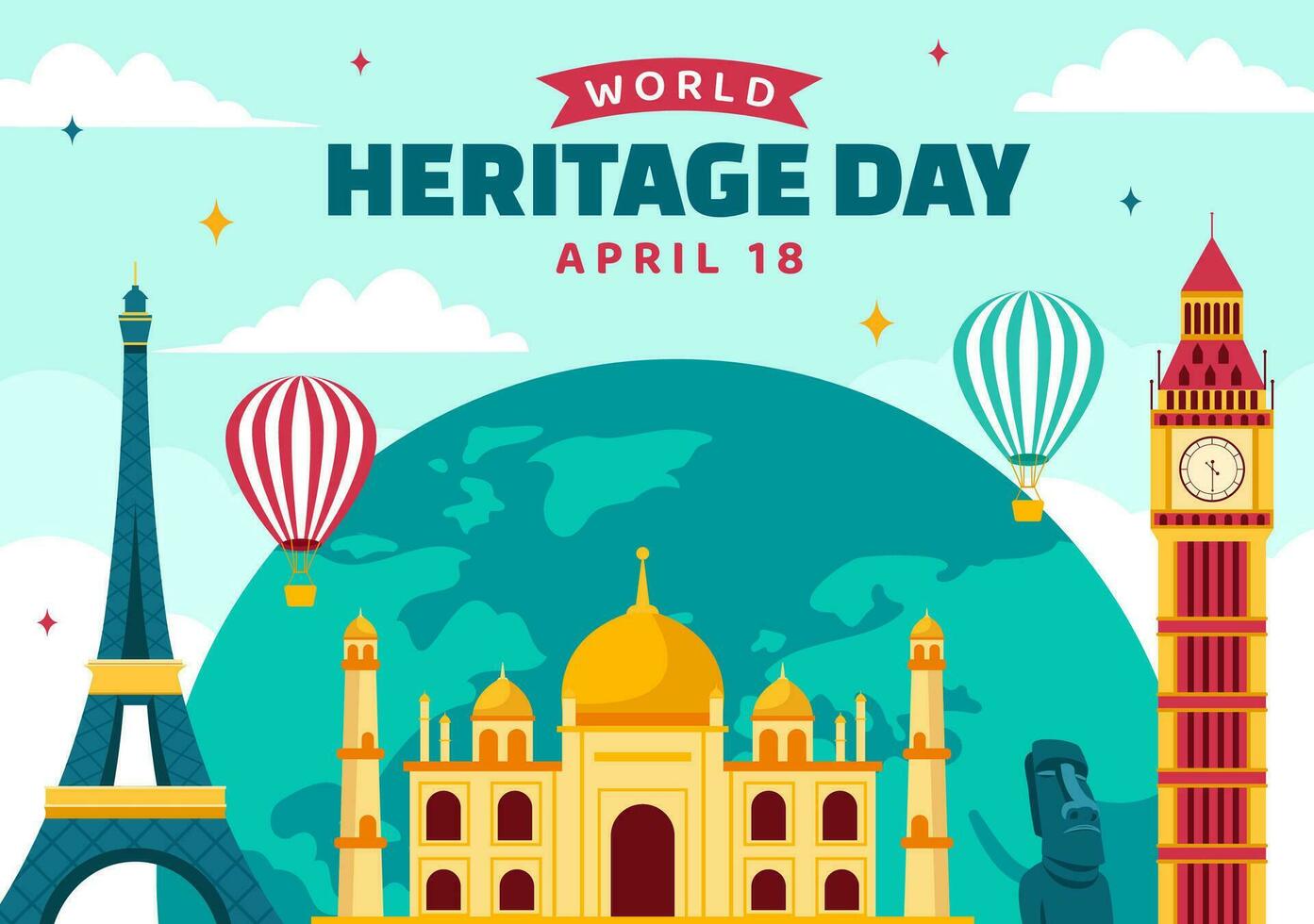 wereld erfgoed dag vector illustratie Aan 18 april voor herdenkings- monumenten en sites van divers landen in vlak achtergrond