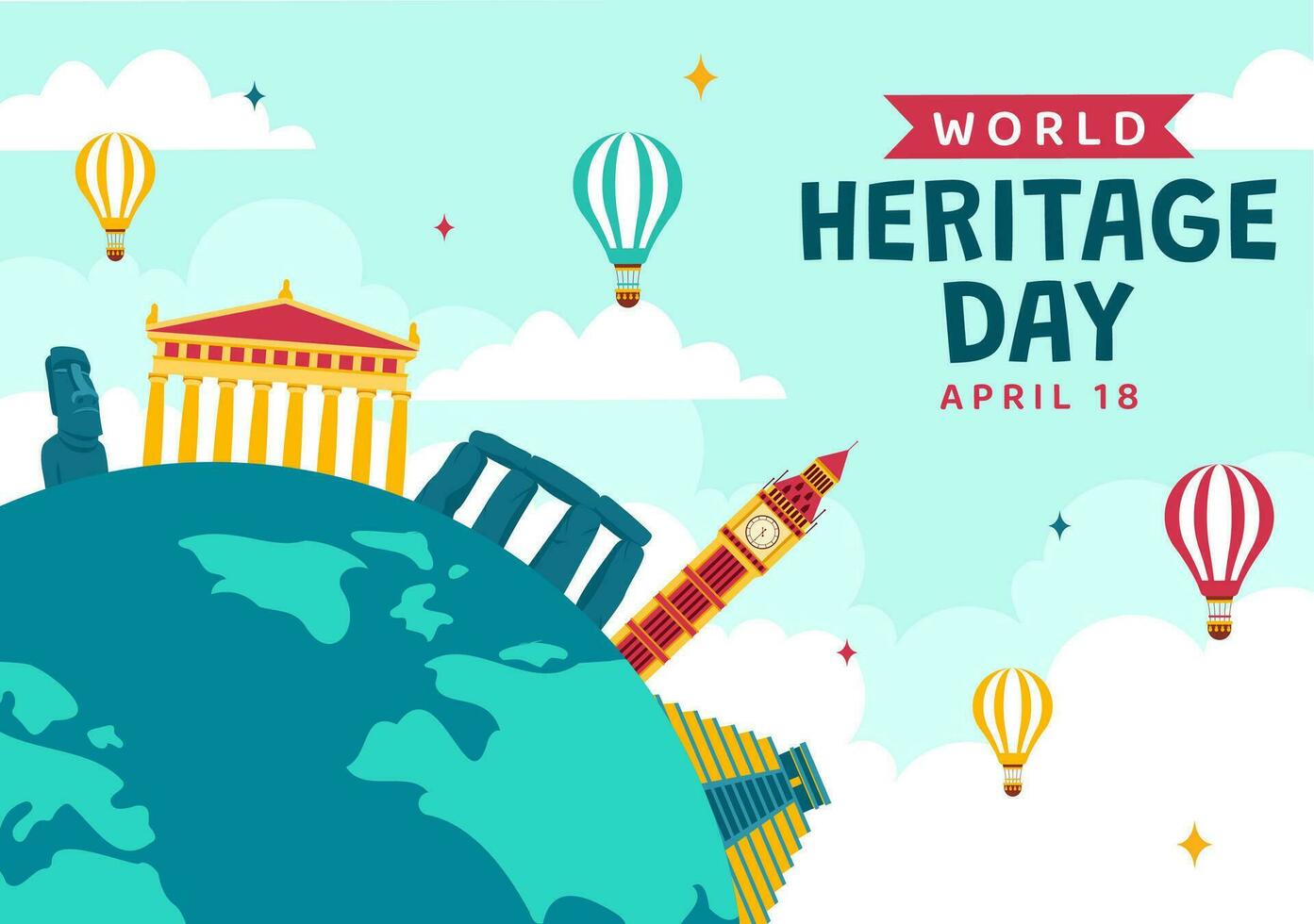 wereld erfgoed dag vector illustratie Aan 18 april voor herdenkings- monumenten en sites van divers landen in vlak achtergrond