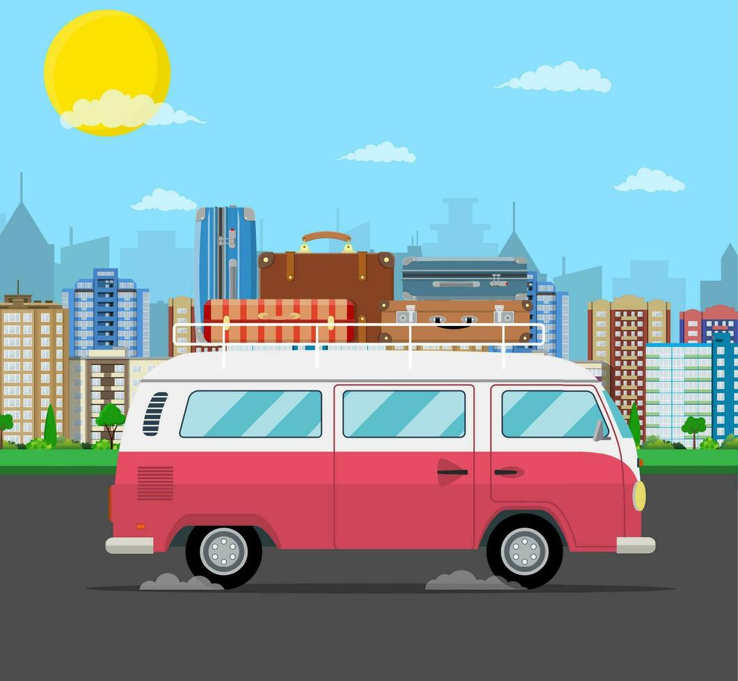 retro reizen busje auto met zak Aan dak. vector