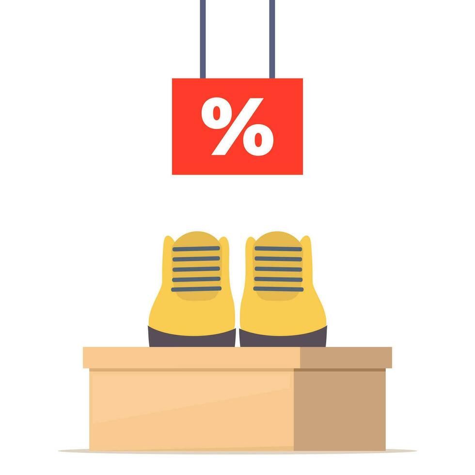 schoen doos met schoenen. elegant modern laarzen Aan doos, kant visie. de prijs label met korting procent teken. schoenen uitverkoop in op te slaan. vector illustratie.