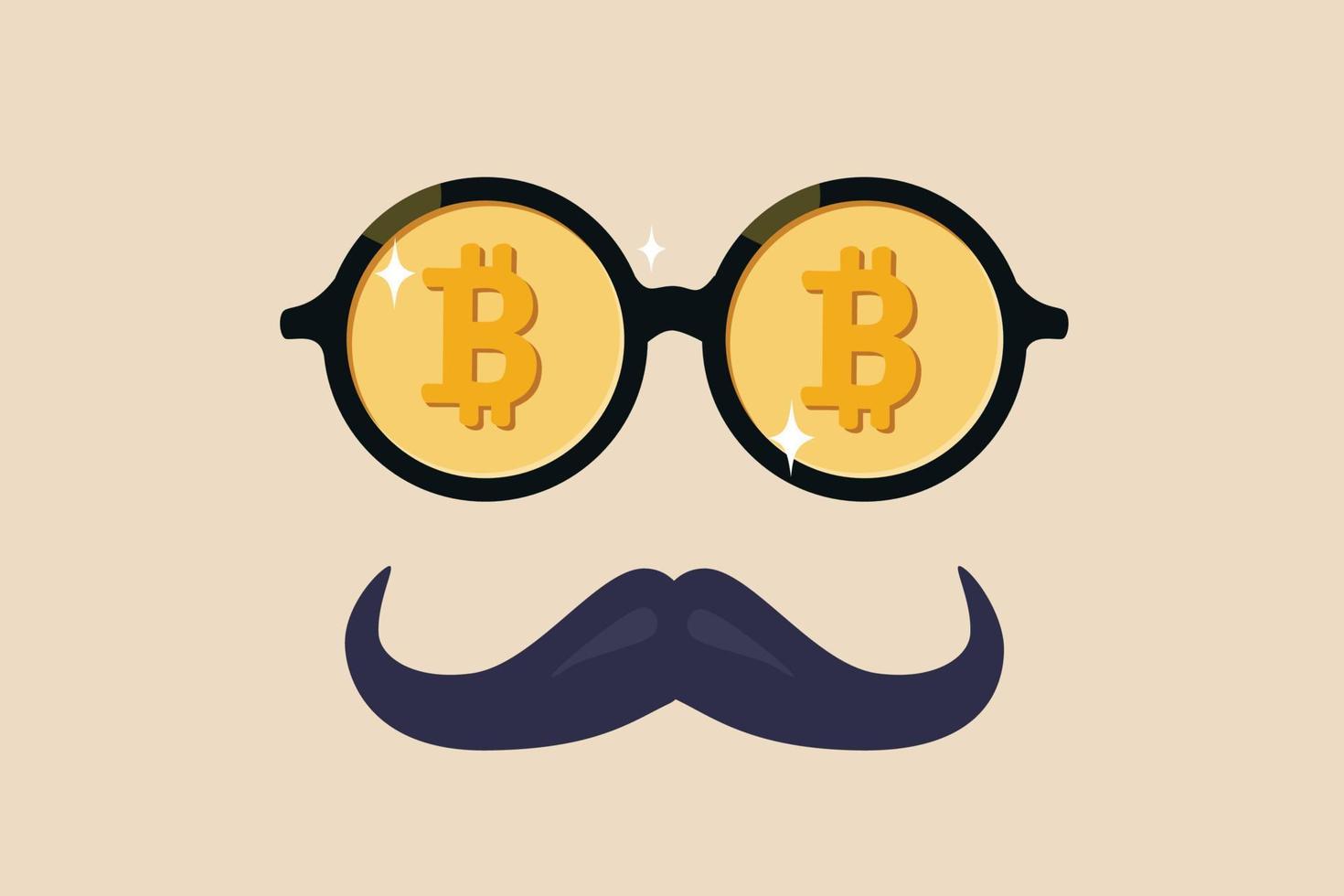bitcoin-walvis of anoniem die rijk is aan bitcoin-cryptohandel, cryptocurrency-goeroe of succesinvesteerder zonder identiteitsconcept, mooie nerd-bril met kostbaar bitcoin-symbool en snor. vector