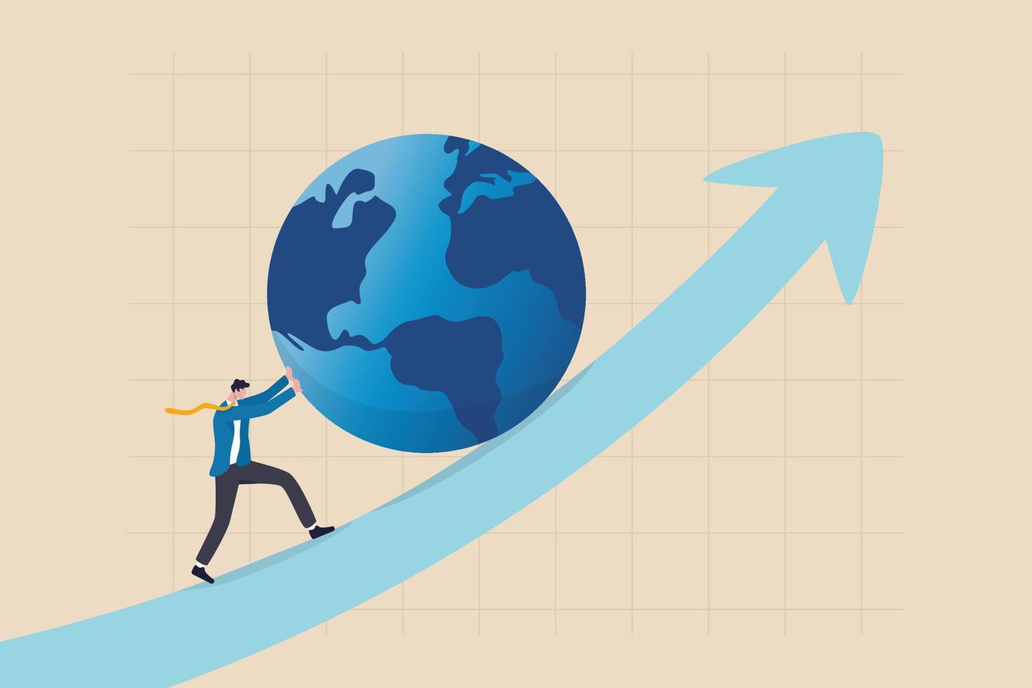 wereldeconomie vooruit duwen, internationale investeringsgroei of bedrijfssucces in het concept van wereldbedrijfsconcurrentie, zakenmanleider duwt de wereld met volle inspanning omhoog in de grafiek. vector