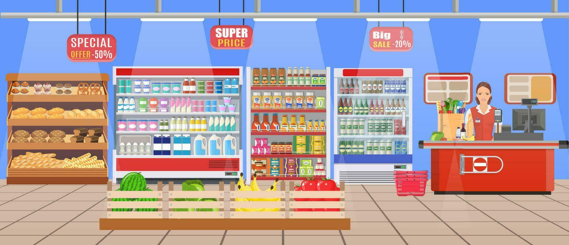 supermarkt op te slaan interieur met goederen. vector