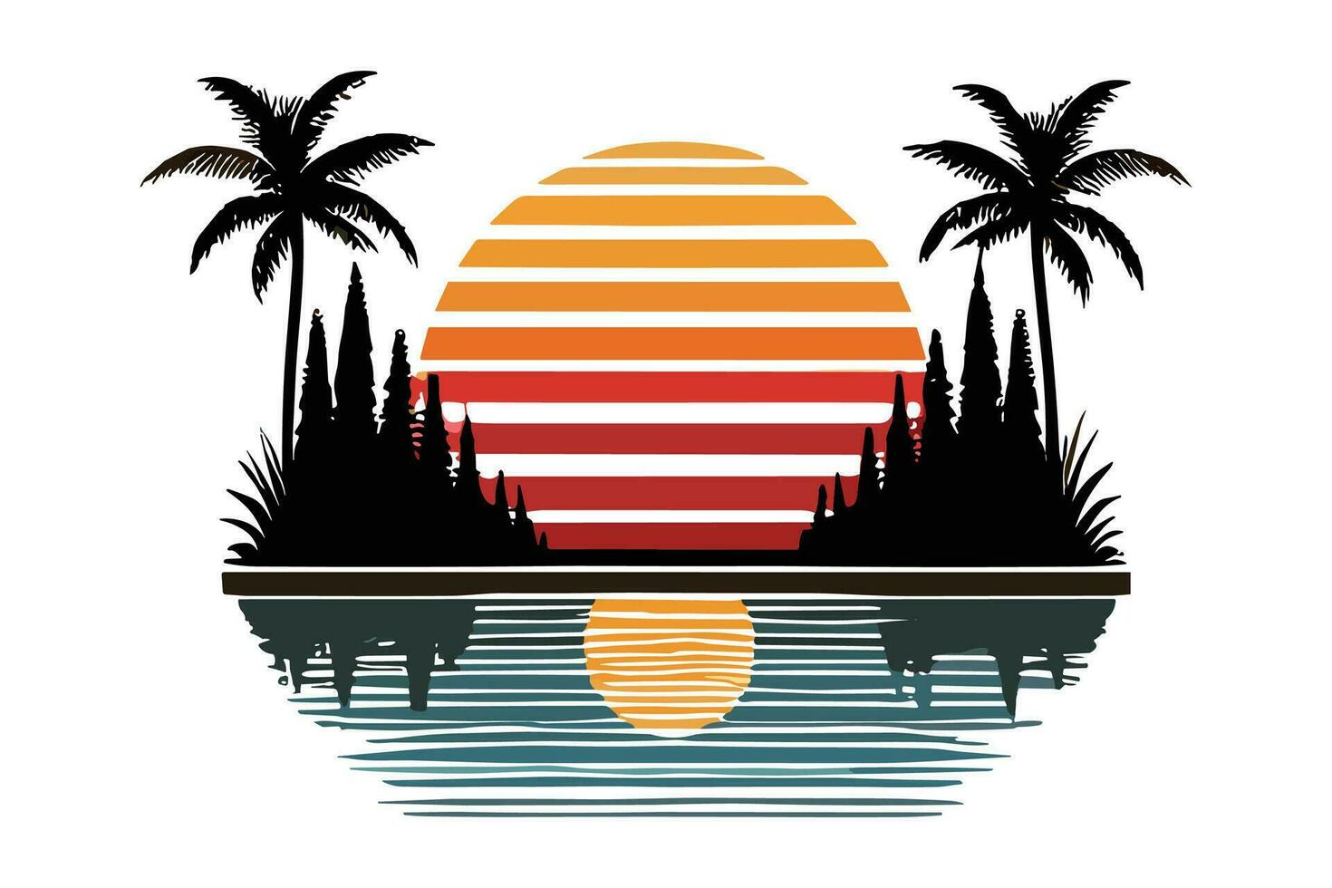 vector tropisch zomer strand oceaan zonsondergang en zonsopkomst visie tekenfilm vector illustratie