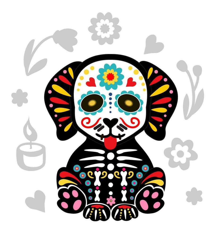 dag van de dood, dia de los muertos, dier schedel en skelet versierd met Mexicaans elementen en bloemen. puppy skelet. hond skelet vector