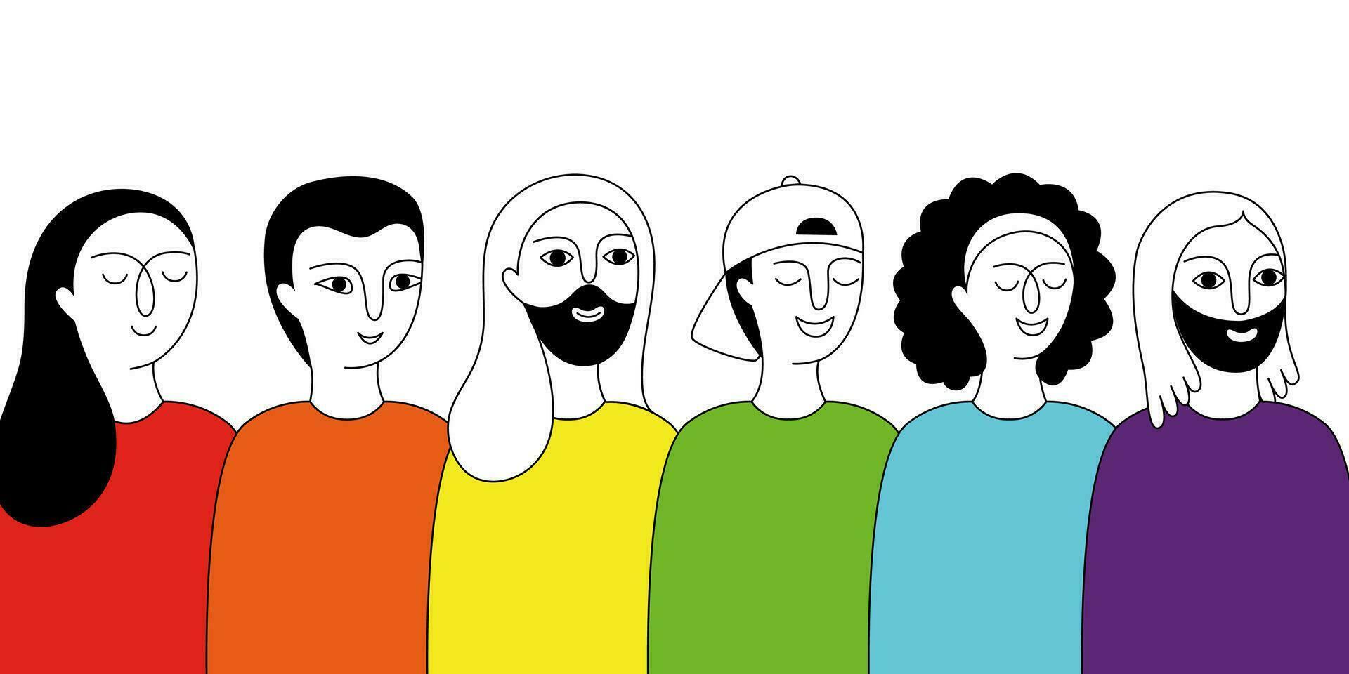 een groep van mensen in regenboog t-shirts. menselijk rechten. vector