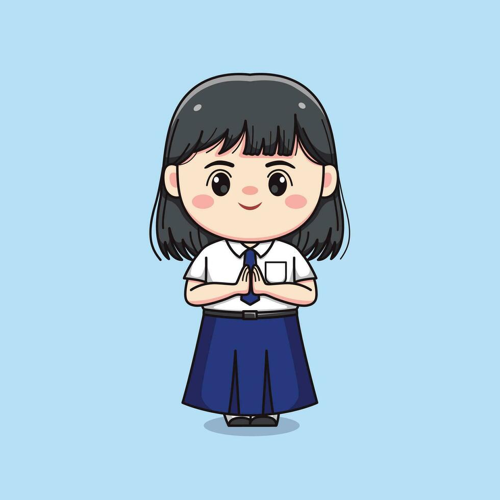 schattig junior hoog school- leerling meisje groet chibi kawaii vector