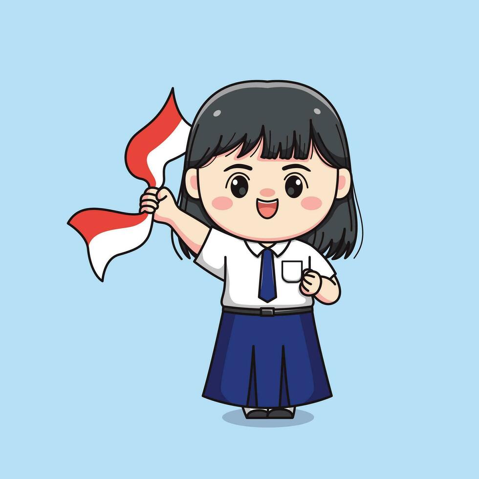 schattig junior hoog school- leerling meisje Holding Indonesisch vlag chibi kawaii vector