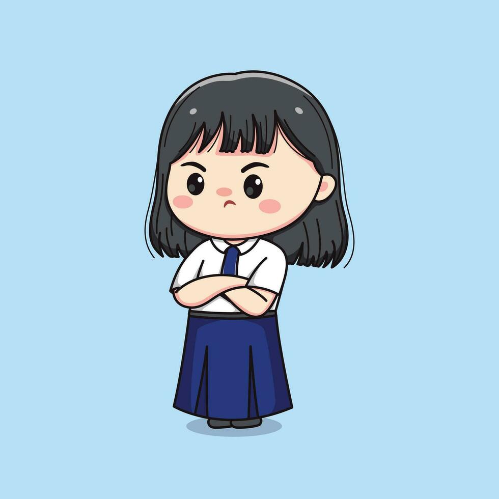 schattig junior hoog school- leerling meisje gevoel boos chibi kawaii vector