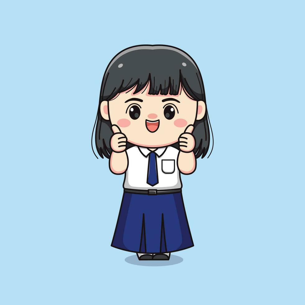 schattig junior hoog school- leerling meisje duim omhoog mooi zo teken chibi kawaii vector