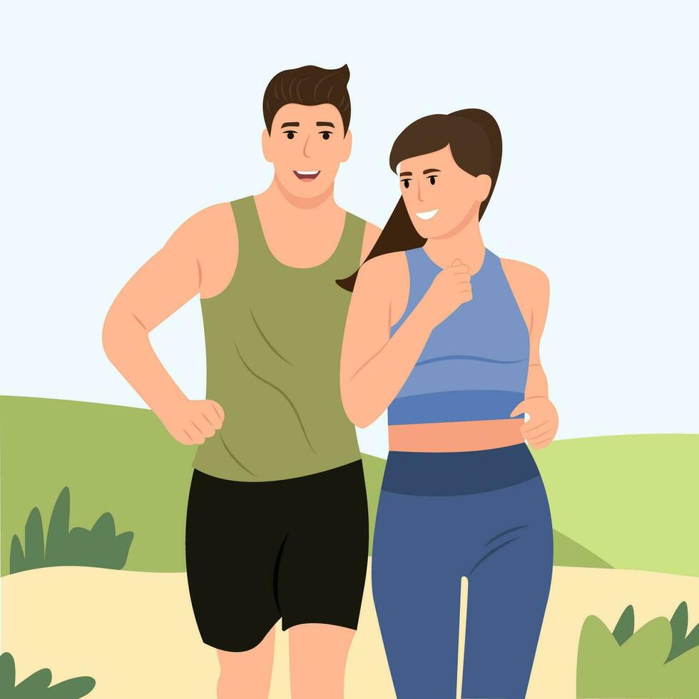 paar in sportkleding joggen. geschiktheid en gezond levensstijl concept.happy Mens en vrouw rennen buitenshuis samen. sport werkzaamheid, gezond levensstijl. vlak vector tekenfilm illustratie