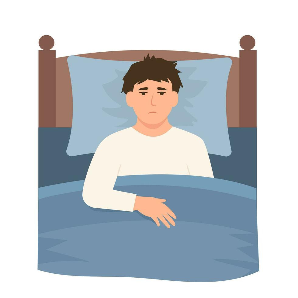 Mens lijden van slapeloosheid.guy in bed met Open ogen in duisternis. concept van laat Bij nacht, slapen wanorde, moe en slapeloos, ziekte, depressie effect. vlak vector illustratie