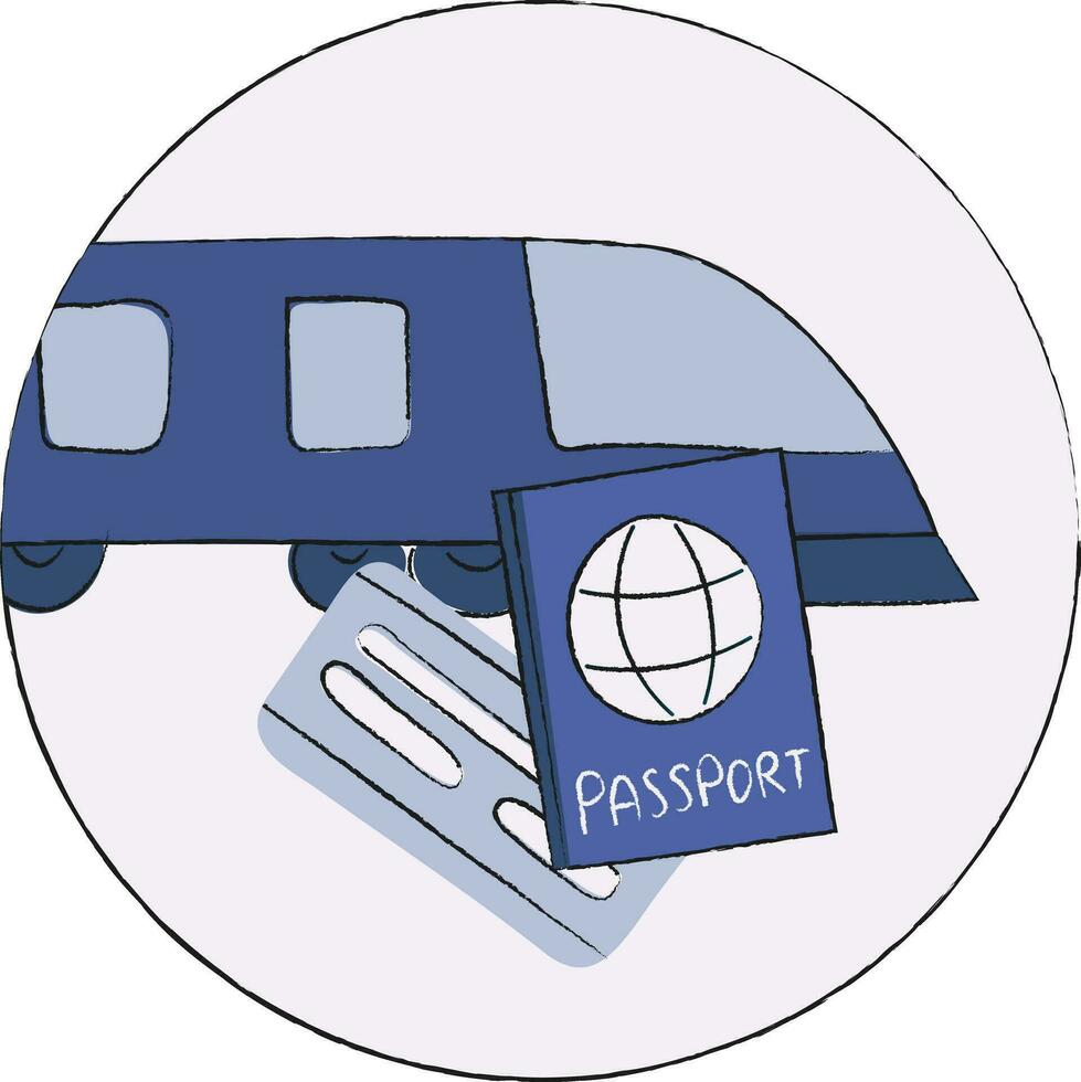 illustratie van een trein met een ticket en paspoort in een cirkel. blauw kleuren. tekening stijl vector
