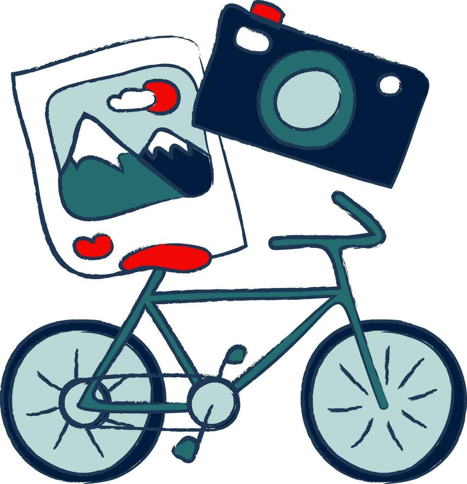 illustratie van de reis - fiets, foto's, camera. reizen en recreatie. vector illustratie