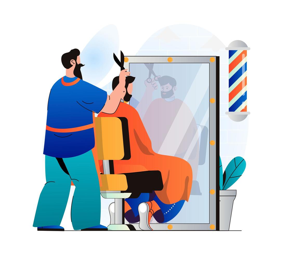 kapperszaakconcept in modern plat ontwerp. kapper knippen haar van de klant in mannelijke salon. man klant kwam naar stylist om professionele haarverzorging en modieus kapsel te krijgen. vector illustratie