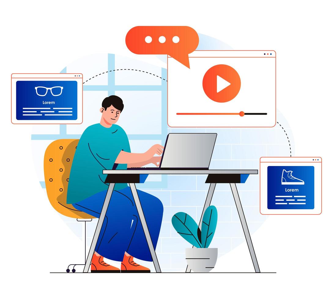 videomarketingconcept in modern plat ontwerp. man maakt reclamevideo-inhoud, publiceert en optimaliseert deze voor zoeken, trekt publiek aan. succes online promotiestrategie. vector illustratie