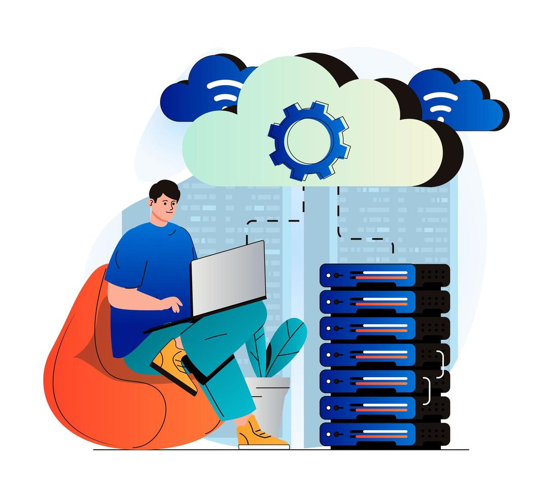 cloud computing-concept in modern plat ontwerp. man werkt op laptop en maakt gebruik van cloudtechnologieën. draadloze verbinding, informatieoverdracht, gegevens opslaan en verwerken, technische ondersteuning. vector illustratie