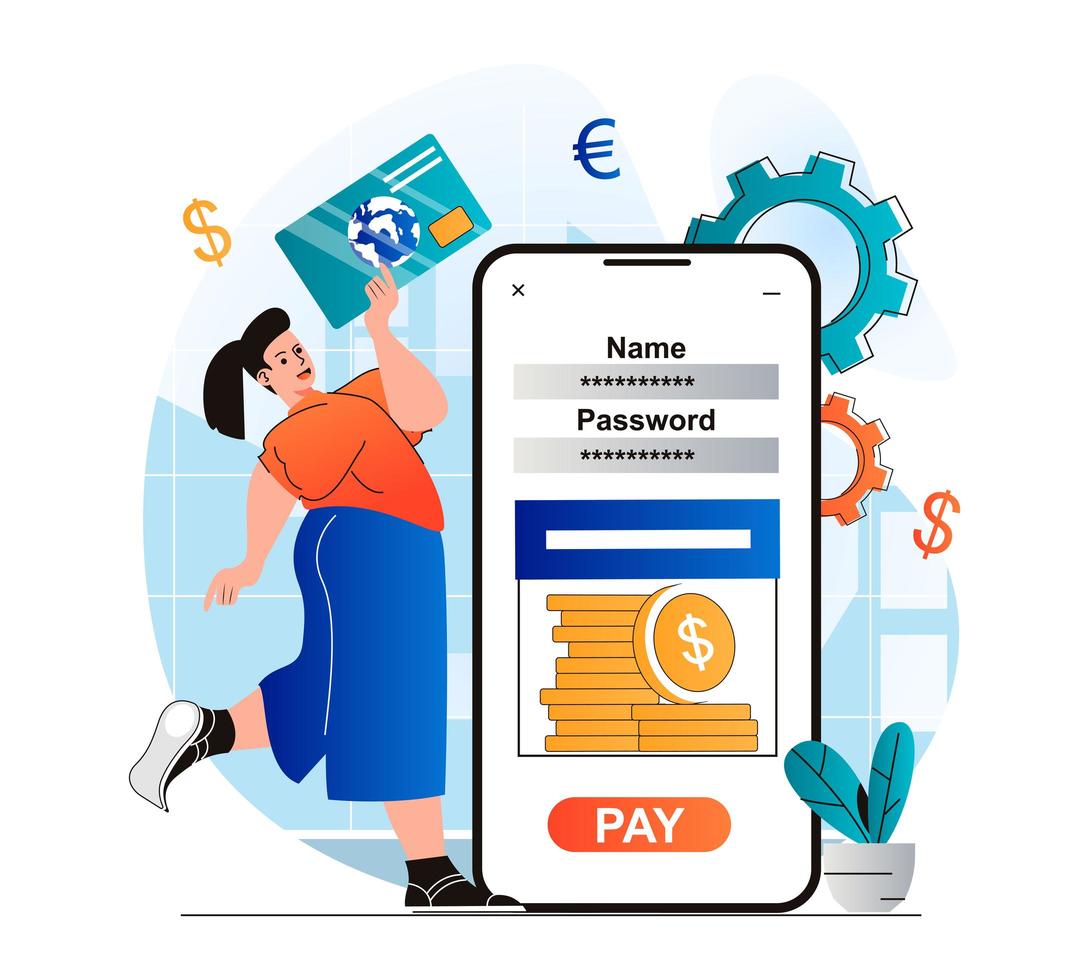 mobiel bankieren concept in modern plat design. vrouw toegang tot financiële rekening en creditcard in mobiele app. klant gebruikt bankrekening online, ontvangt financiële diensten. vector illustratie