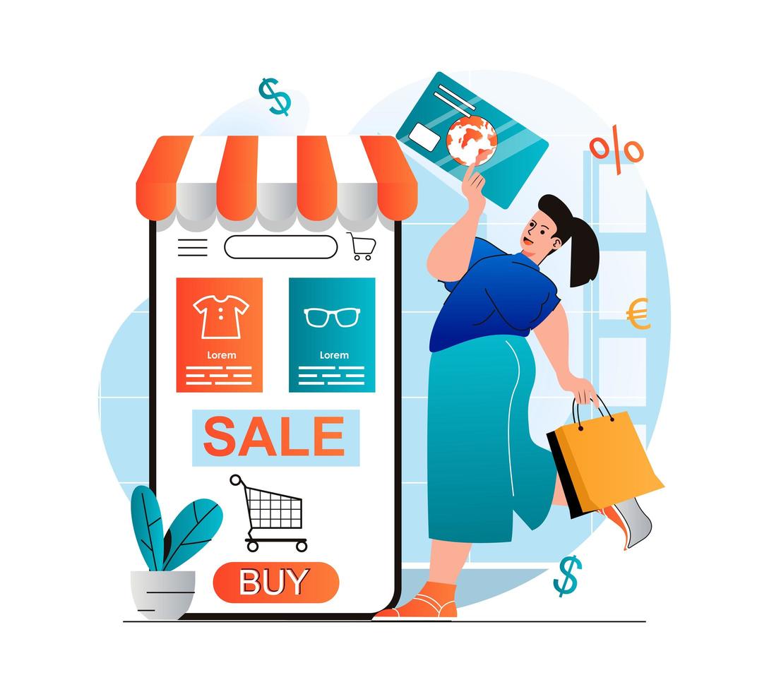online winkelconcept in modern plat ontwerp. vrouw kopen en betalen voor goederen in mobiele applicatie met creditcard. klant maakt winstgevende aankopen op de winkelwebsite. vector illustratie