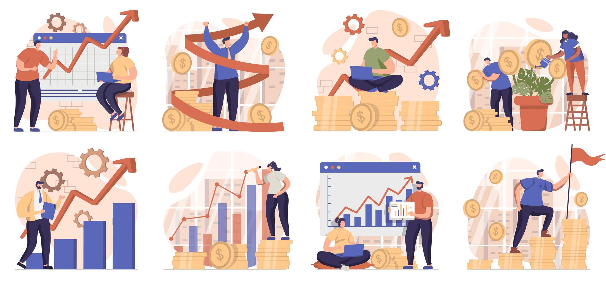 zakelijke groei verzameling scènes geïsoleerd. mensen analyseren financiële gegevens, succesvolle strategie, in een plat ontwerp. vectorillustratie voor bloggen, website, mobiele app, promotiemateriaal. vector