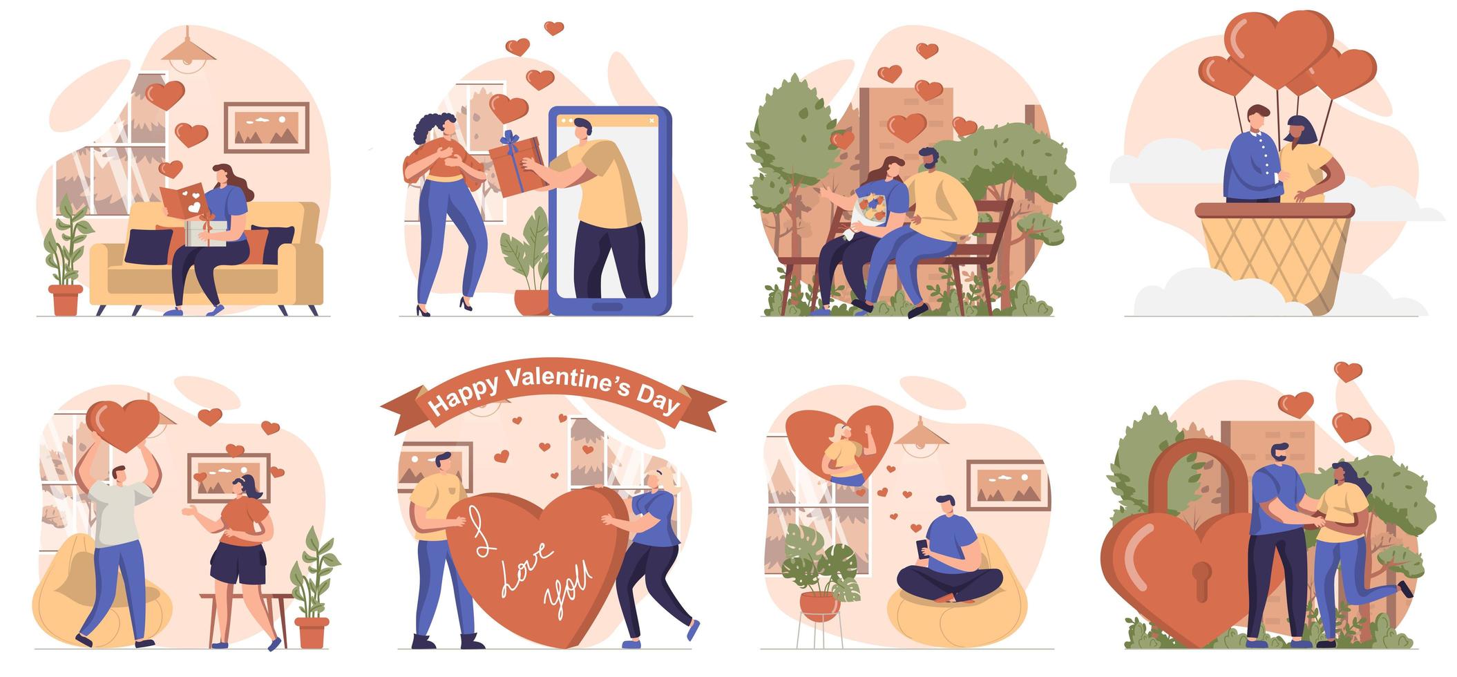 Valentijnsdag verzameling scènes geïsoleerd. mensen gaan op romantische dates, liefde en relaties, in een plat ontwerp. vectorillustratie voor bloggen, website, mobiele app, promotiemateriaal. vector