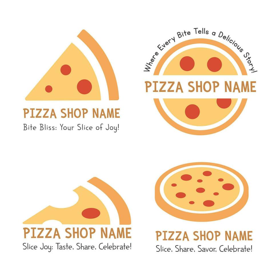 verschillend pizza logo set. 4 ontwerpen met merk, slogan, geheel, plak, isometrische stijl. veelzijdig vector kunst voor uniek pizza branding. clip art en illustratie compilatie voor maximaal zichtbaar gevolg