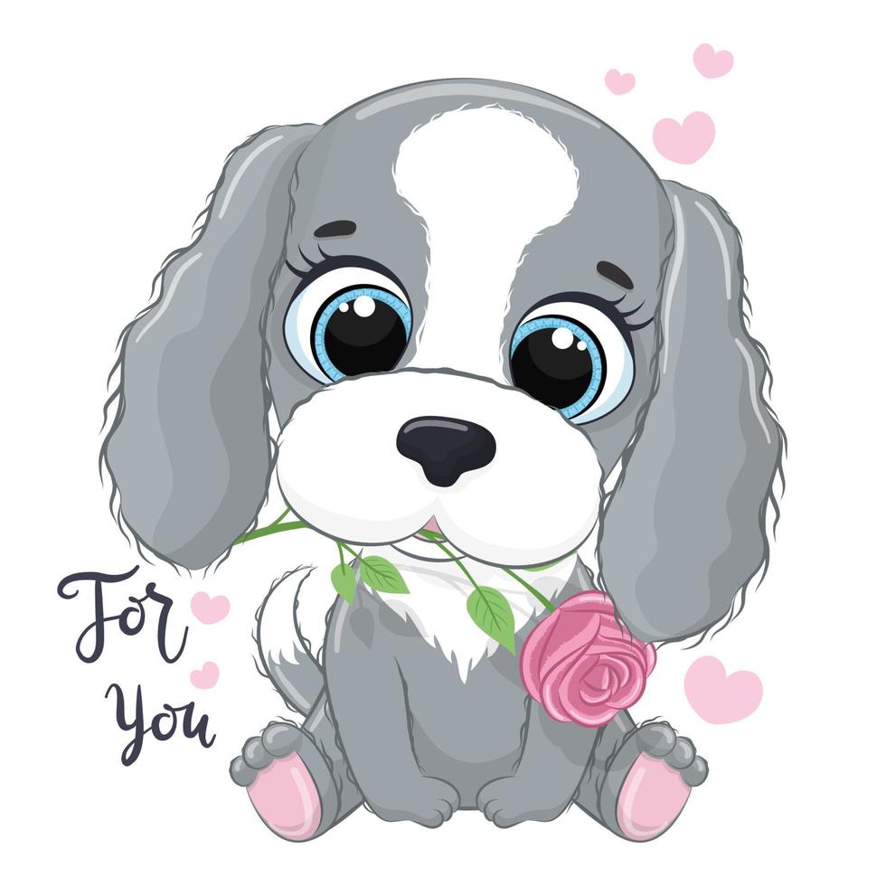 schattige kleine hond met bloem. gelukkige valentijnsdag clipart. vector