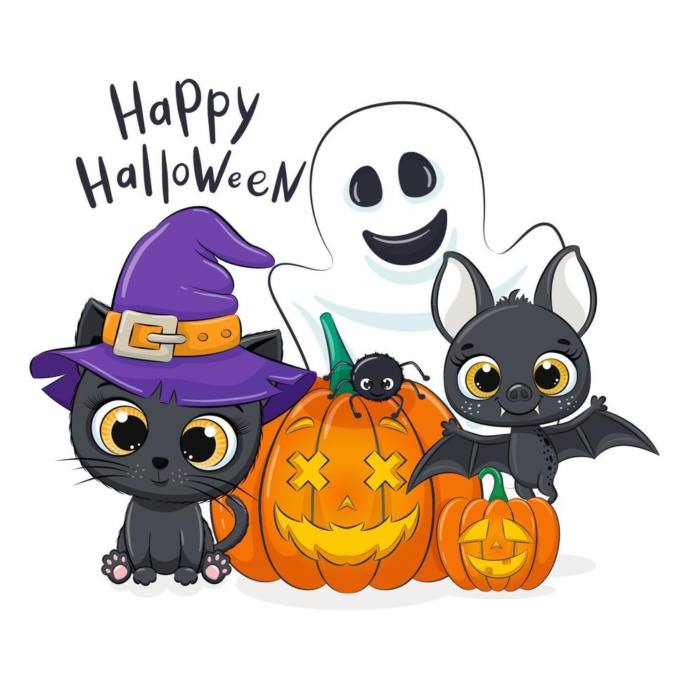 schattig katje, pompoen, vleermuis, spook en spin. gelukkige halloween-kaart. vector