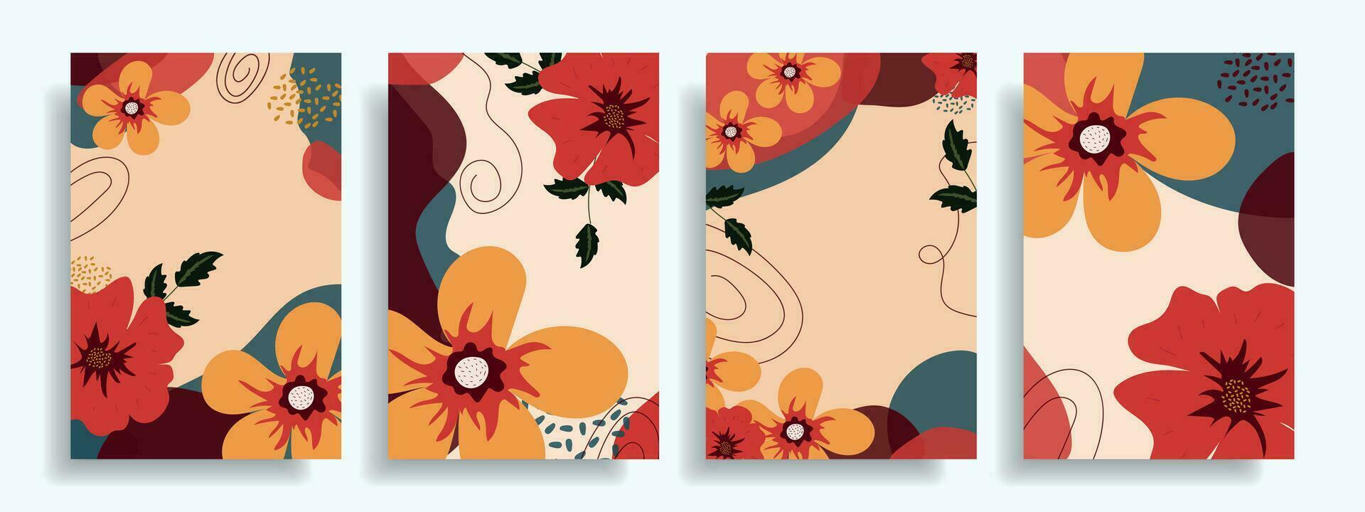 modern reeks van abstract covers met bloemen, minimaal Hoes ontwerp. kleurrijk meetkundig achtergrond. vector