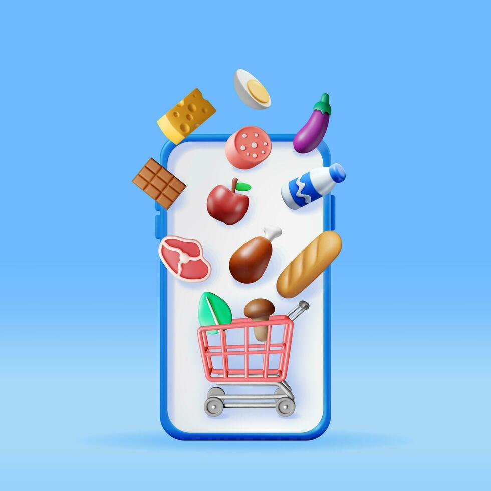 3d smartphone met boodschappen doen kruidenier kar vector