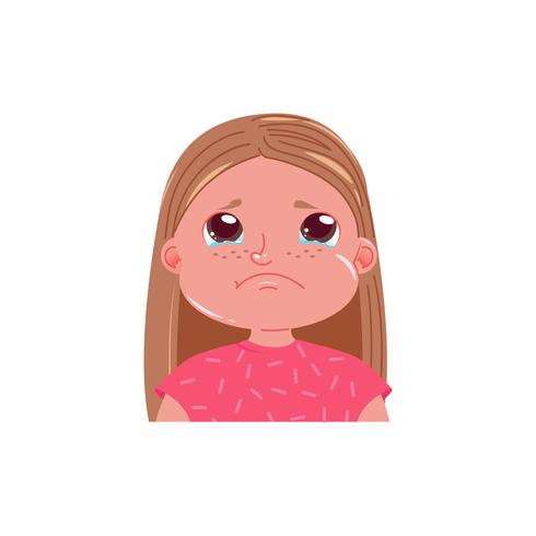 Klein schattig meisje huilt. Triest emotie kind met tranen in zijn ogen. Vector cartoon illustratie