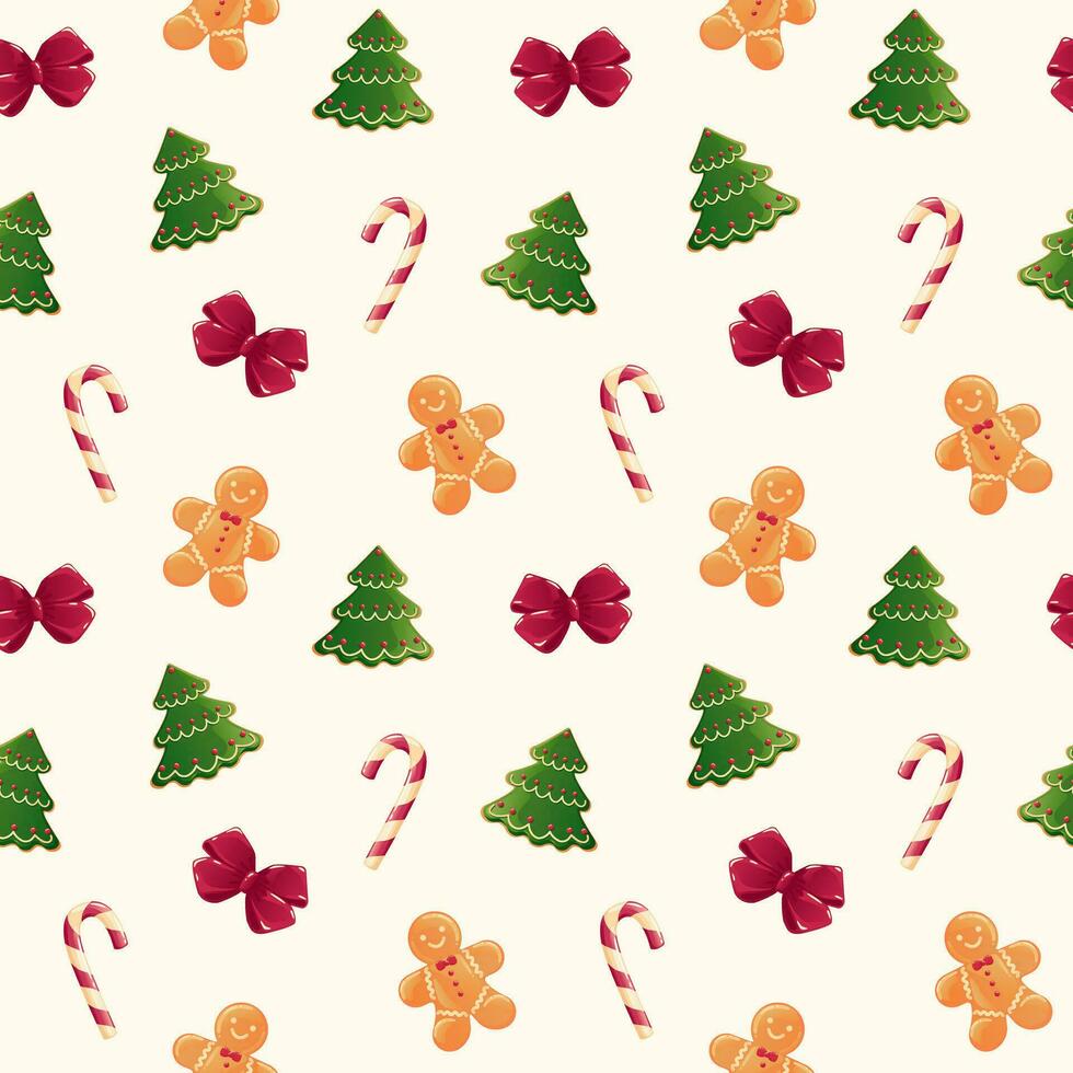 Kerstmis naadloos patroon met peperkoek Mens koekje, snoep riet, boog, Kerstmis boom. nieuw jaar vector achtergrond met Kerstmis decoratie illustraties