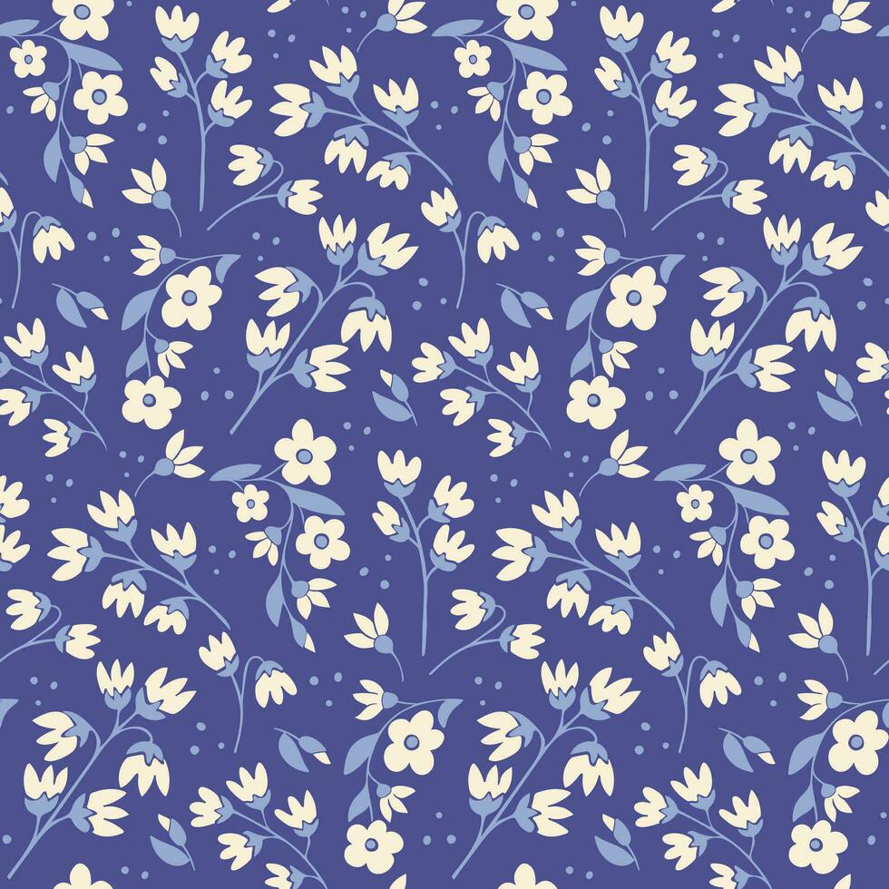 naadloos patroon met bloemen brunches Aan blauw achtergrond. vlak hand- getrokken besnoeiing uit bloemen, bladeren in wijnoogst kleuren. uniek retro afdrukken ontwerp voor textiel, behang, interieur, omhulsel papier vector