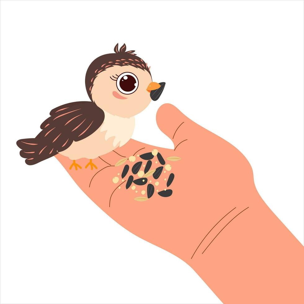 een schattig vogel zit Aan de hand. een vogel eet en pikt korrel, zaden van de hand. tekenfilm vector