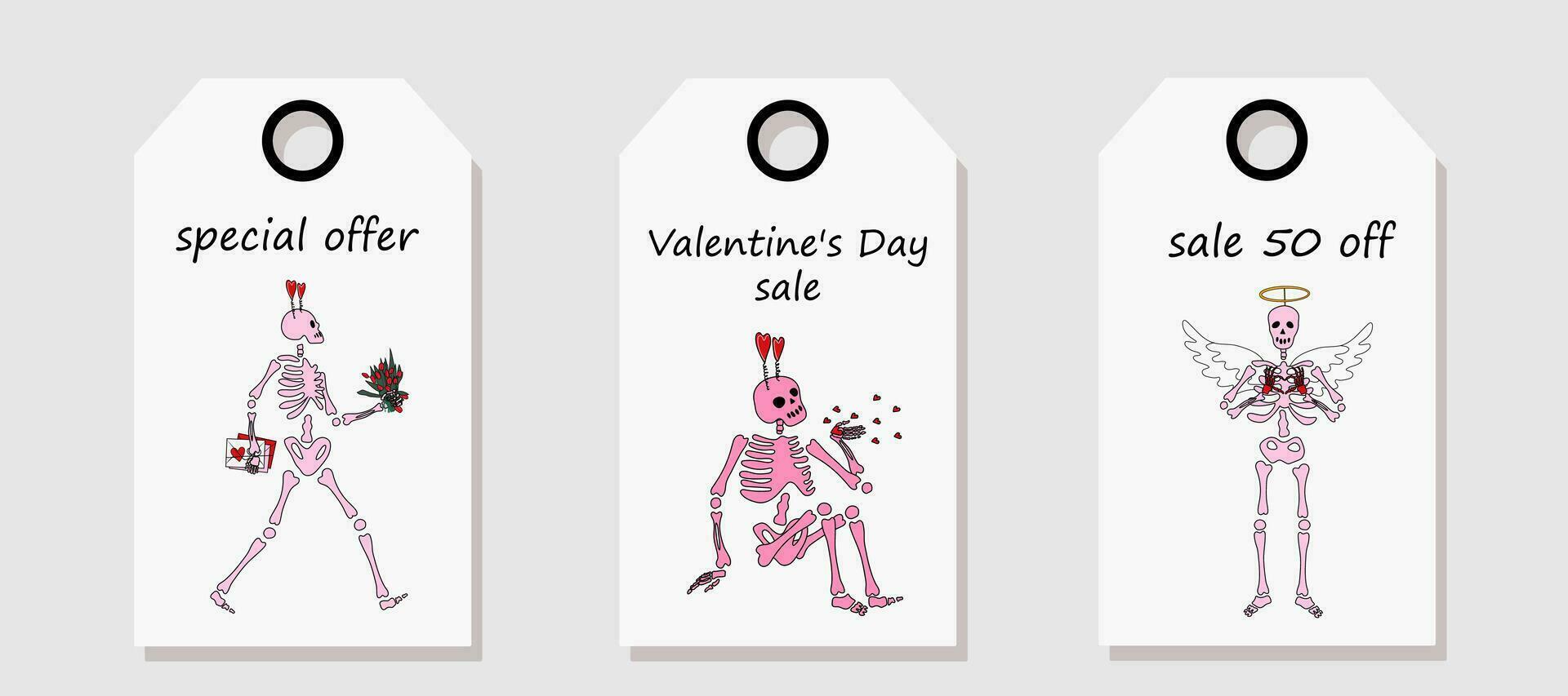 vector reeks van korting prijs labels. etiketten met grappig skelet met decor voor Valentijnsdag dag. Valentijnsdag dag uitverkoop.