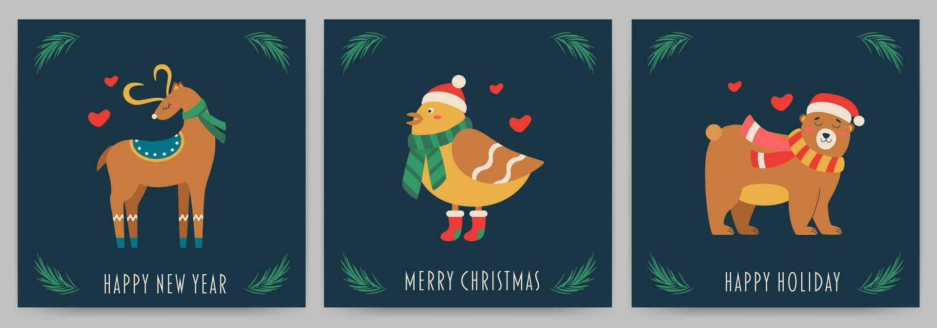 ansichtkaart met tekst gelukkig nieuw jaar, vrolijk kerstmis, gelukkig vakantie, beer, hert, vogel. vector
