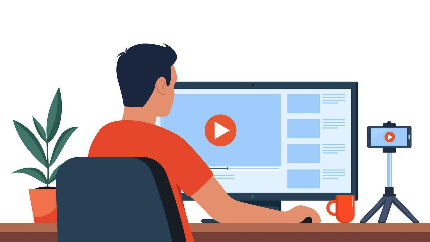 Mens professioneel video maker zittend Bij bureau en bewerken video met video bewerken software. maken zichtbaar inhoud voor sociaal media. multimedia en film productie concept. vector illustratie.