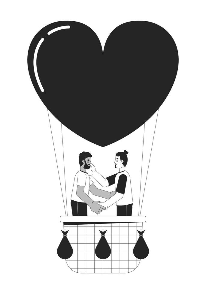 vriendjes drijvend Aan heet lucht ballon zwart en wit 2d lijn tekenfilm karakters. verliefd homo mannen paar geïsoleerd vector schets mensen. romantisch datum ballonvaren monochromatisch vlak plek illustratie