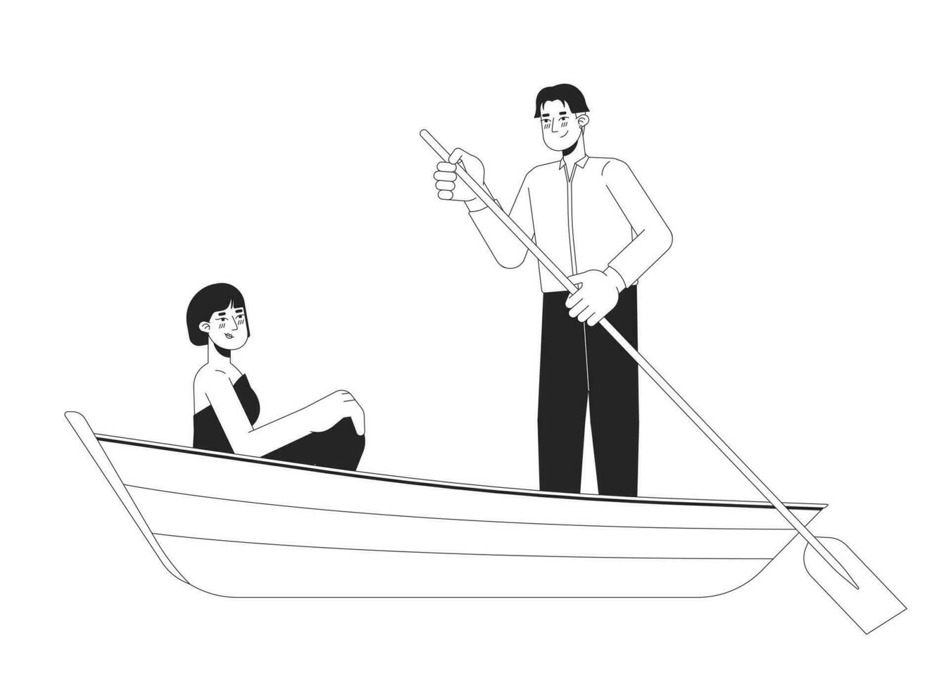 Koreaans jong volwassen paar Aan boot rijden zwart en wit 2d lijn tekenfilm karakters. romantisch Aziatisch vriendje vriendin geïsoleerd vector schets mensen. meer romance monochromatisch vlak plek illustratie