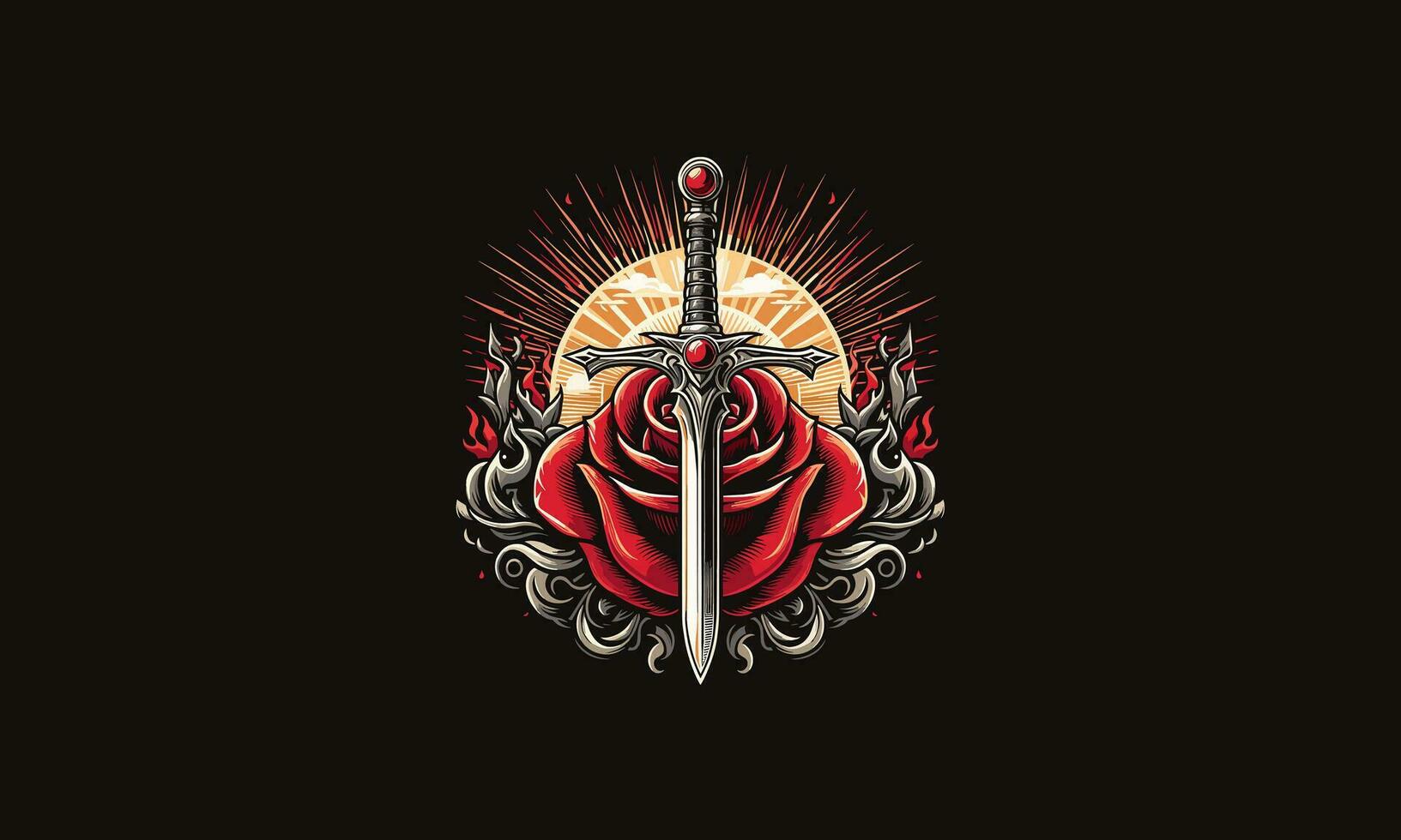 zwaard en rood roos en vlammen vector ontwerp