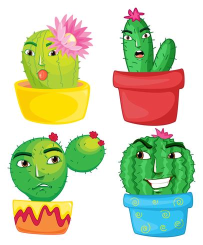 Vier cactusplanten in de potten vector