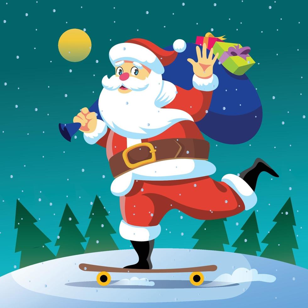 kerstman rijdt op skateboard en bezorgt kerstcadeau vector