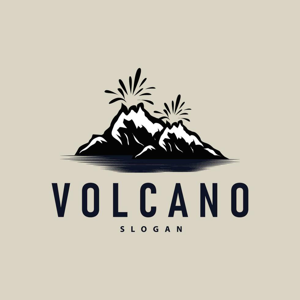 vulkaan logo illustratie silhouet ontwerp vulkaan berg uitbarsting met gemakkelijk rotsen en lava vector