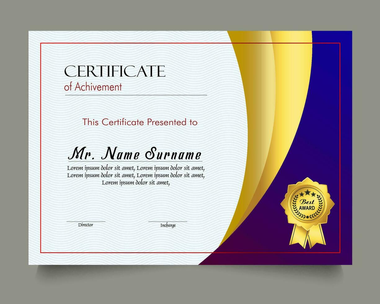 certificaat van prestatie sjabloon reeks met goud insigne en grens, waardering en prestatie certificaat sjabloon ontwerp. elegant diploma certificaat sjabloon vector